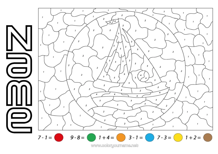 Colouring page to print Figure Vehicles Magic Colouring Books Children's Activities Boat Subtractions Additions Sailboat Marine Vehicles