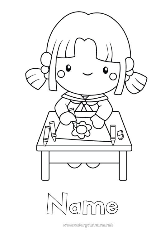 Colouring page to print Girl Coloured Pencil School Pencil Classroom Pupil Stationery Supplies Lectern