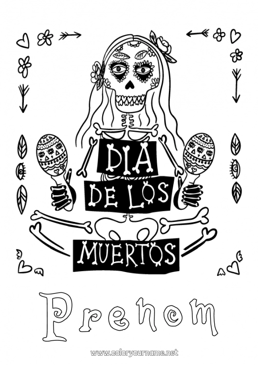 Coloriage à imprimer Squelette Crâne Día de los Muertos Maracas Instruments de musique