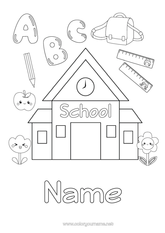 Colouring page to print Alphabet School Pencil School Bag Stationery Supplies