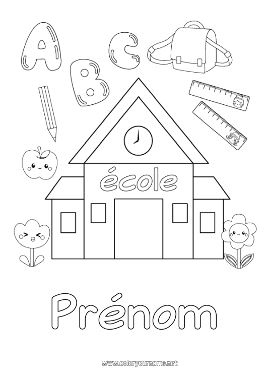 Coloriage à imprimer Alphabet École Crayon Cartable Fournitures scolaires