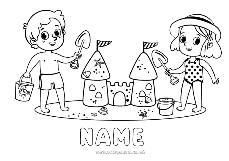 Colouring page to print Beach Child Sandcastle Beach Bucket Games And Toys Swimsuit