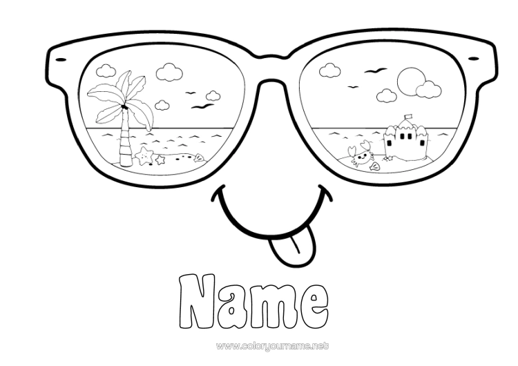 Colouring page to print Holidays Crab Palm Tree Marine Or Aquatic Animals Sandcastle Glasses Smilley Sunglasses