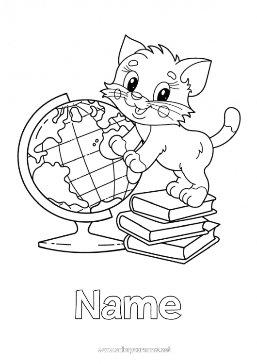 Coloring page to print Cat Book Dog and cat Reading World globe