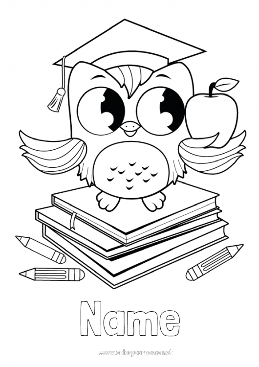 Coloring page to print Owl School Book Flying birds and mammals Reading Back to School