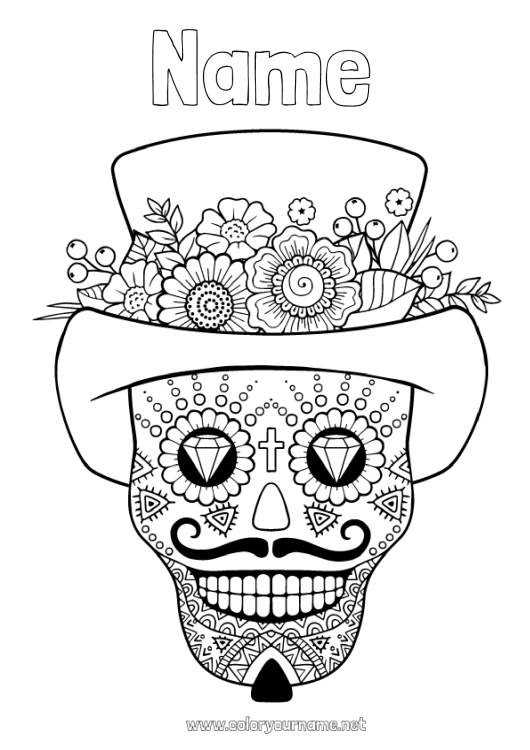 Coloring page to print Skull Día de los Muertos Hat