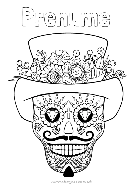 Pagină de colorat de imprimat Cranium Ziua Morților Pălărie