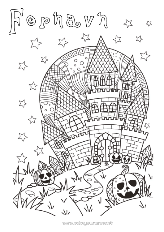 Fargeleggingssiden til utskrift Gresskar Slott Halloween