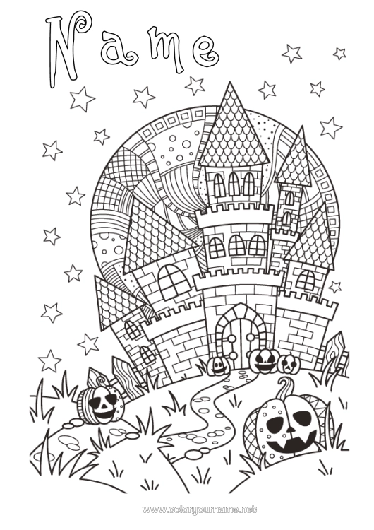 Colouring page to print Pumpkin Castle Halloween