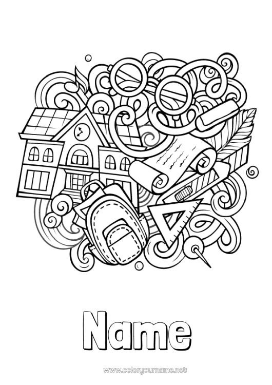 Colouring page to print School Doodle Back To School Stationery Supplies Square