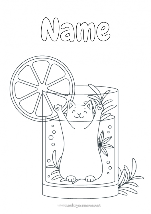 Coloring page to print Cat Kawaii Fruits Drinks Soda Dog and cat Cocktail Orange