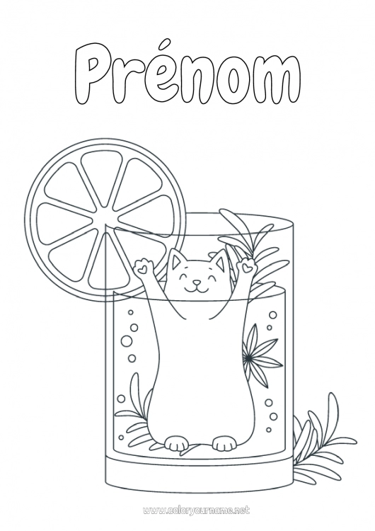 Coloriage à imprimer Chat Kawaii Fruits Boisson Soda Chiens et chats Cocktail Orange