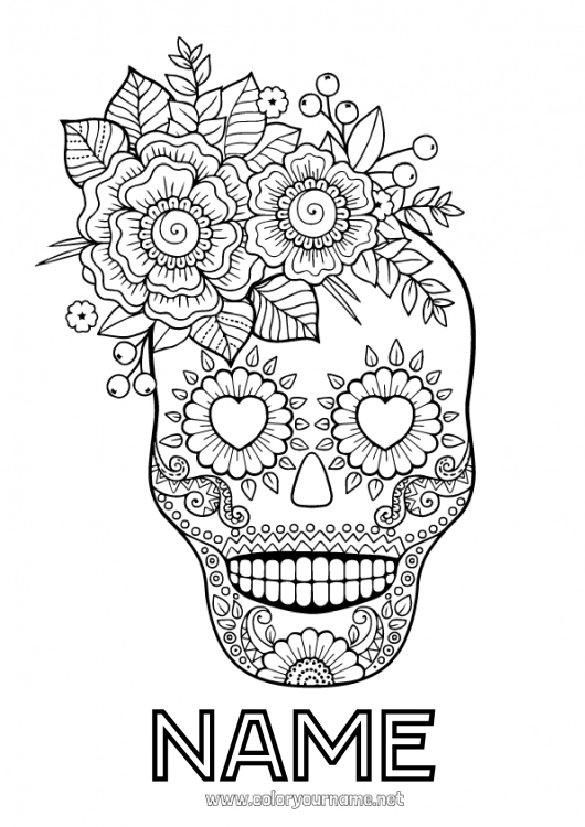 Coloring page to print Flowers Skull Día de los Muertos