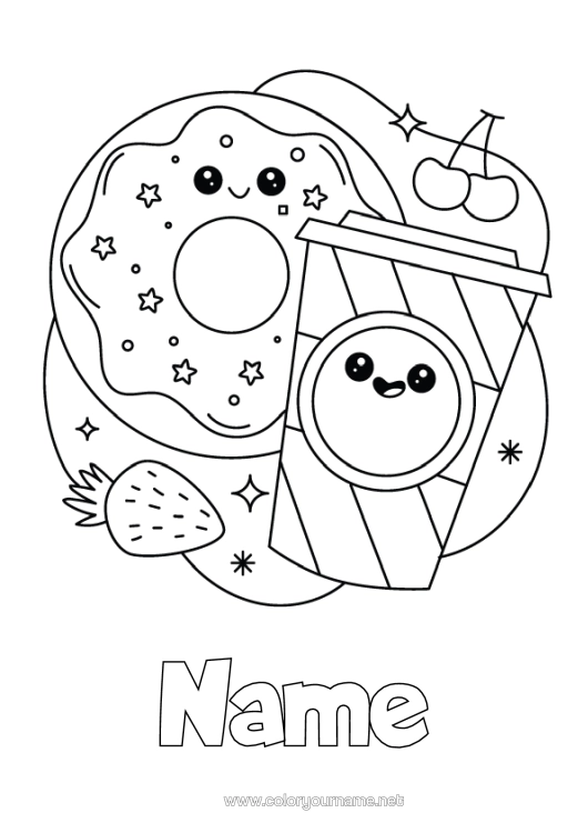 Colouring page to print Cute Cherry Doughnuts Fruit Drink Fizz Treats, Sweets Strawberry