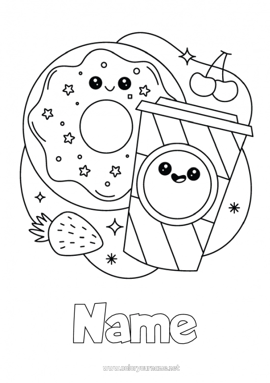 Coloring page to print Kawaii Cherry Donuts Fruits Drinks Soda Treats Strawberry