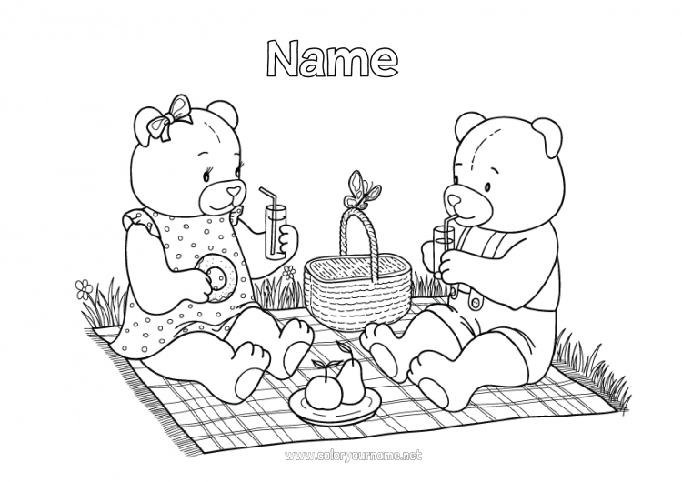 Coloring page to print Bear Teddy Bear Basket Forest animals Picnic