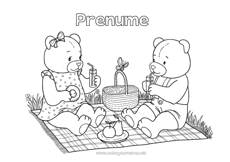 Pagină de colorat de imprimat Urs Animal Ursuleț Coș Animale din pădure Picnic