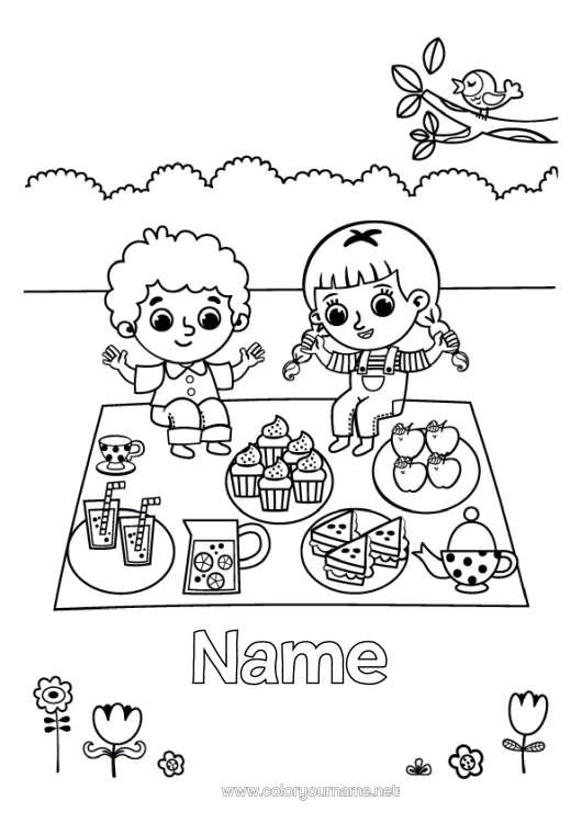 Colouring page to print Child Fruit Drink Treats, Sweets Fairy Cake Picnic Apple Lemonade Sandwich