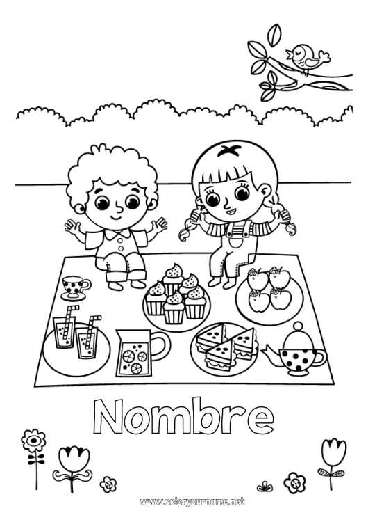 Dibujo para colorear para imprimir Niño Frutas Bebidas Golosinas Magdalena Picnic Manzana Limonada