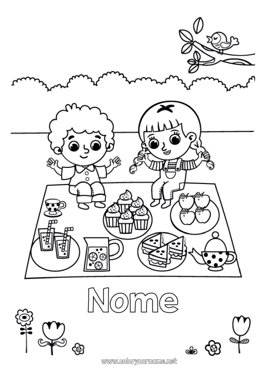 Página de desenho para imprimir Criança Frutas Bebida Guloseimas, doces Cupcake Picnic Maçã Limão