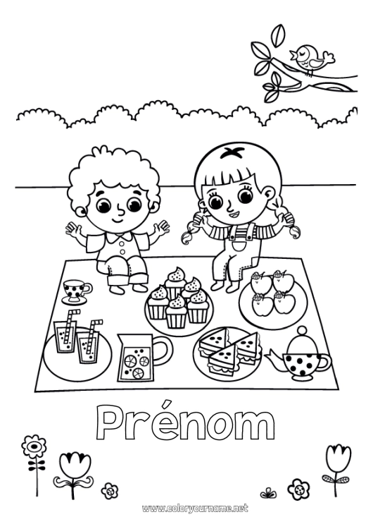 Coloriage à imprimer Enfant Fruits Boisson Gourmandises, sucreries Cupcake Pique-nique Pomme Limonade