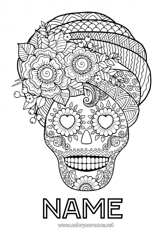 Coloring page to print Flowers Skull Día de los Muertos