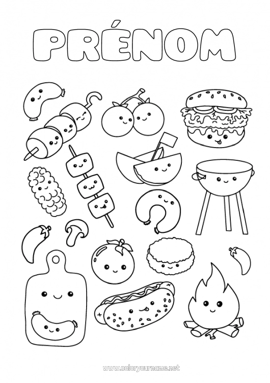 Coloriage à imprimer Bonbons Kawaii Nourriture Gourmandises, sucreries Hamburger Barbecue Feu Chamallows, guimauves