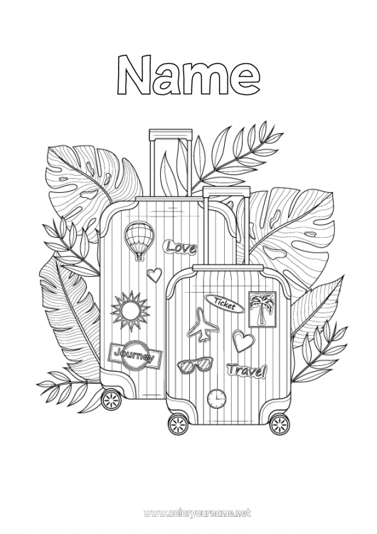 Coloring page to print Mandala Holidays Leaves Complex coloring pages Hibiscus Suitcases and luggage