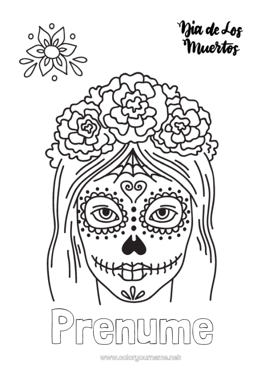 Pagină de colorat de imprimat Costum de carnaval Cranium Ziua Morților Catrina