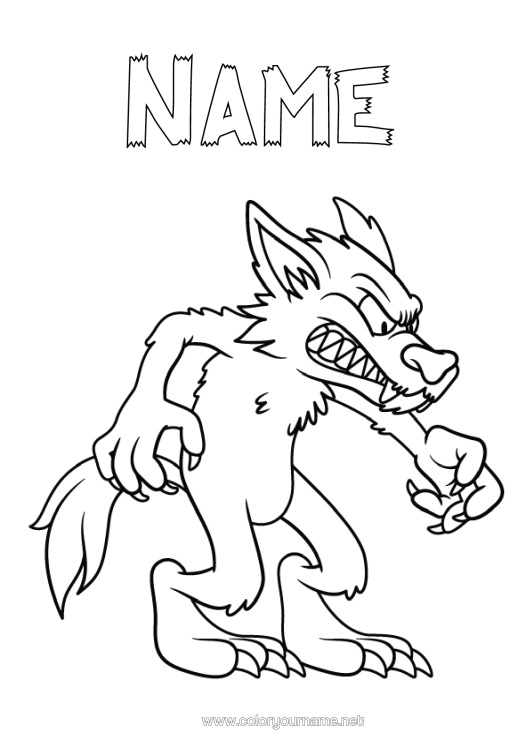 Colouring page to print Wolf Animal Fairy Tale In A Bad Mood. Forest Animals Werewolf Emotions Anger