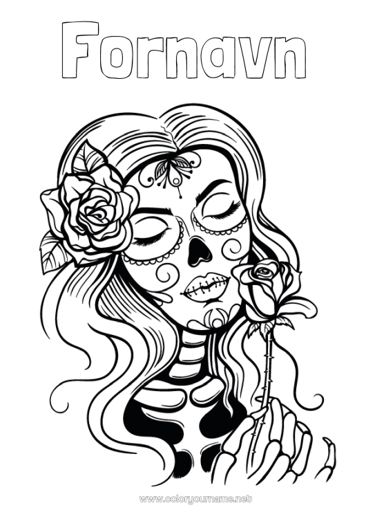 Farvelægningssiden til udskrivning Skelet Kranie Dødsdagene Catrina