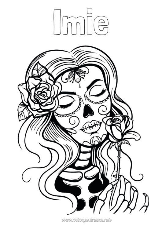 Kolorowanka do wydruku Szkielet Czaszka Dzień Zmarłych Catrina