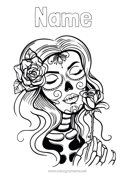 Colouring page to print Skeleton Skull Day Of The Dead Catrina