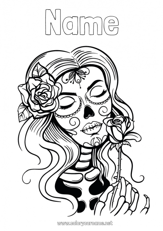 Coloring page to print Skeleton Skull Día de los Muertos Catrina