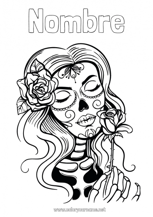 Dibujo para colorear para imprimir Esqueleto Calavera Día de los Muertos Catrina