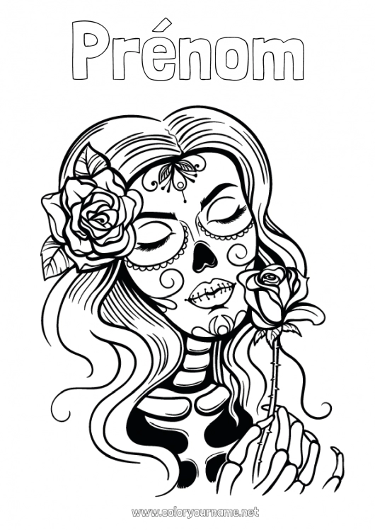 Coloriage à imprimer Squelette Crâne Día de los Muertos Catrina