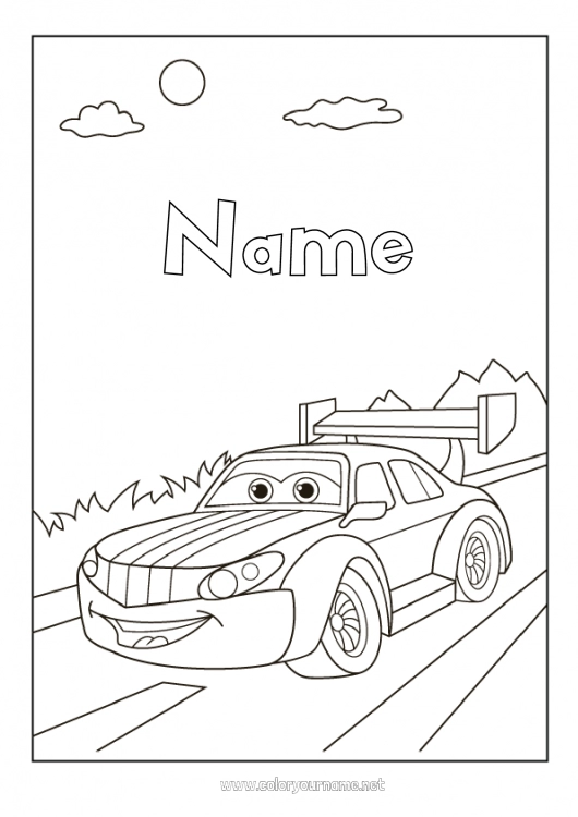 Coloring page to print Car Racing car Cars, vans, and motorhomes Racing vehicles and tracks Animated cartoon