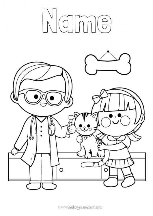 Coloring page to print Cat Girl Dog and cat Health professions Veterinary