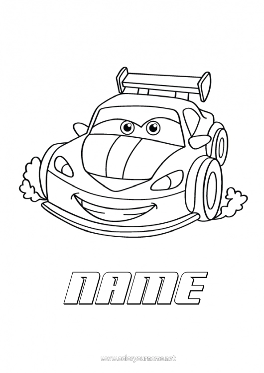 Coloring page to print Car Racing car Cars, vans, and motorhomes Racing vehicles and tracks Animated cartoon Cartoon Character vehicles