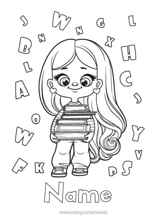 Colouring page to print Girl Alphabet Book Reading Back To School Pupil