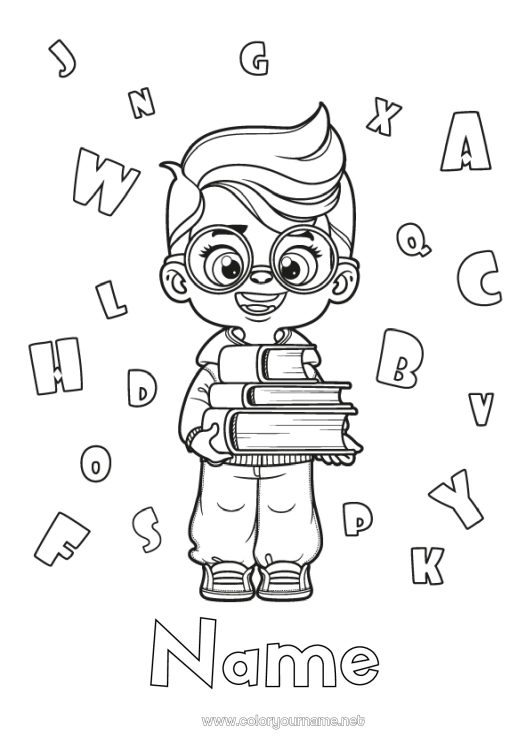 Coloring page to print Boy Alphabet Book Reading Glasses Back to School Student