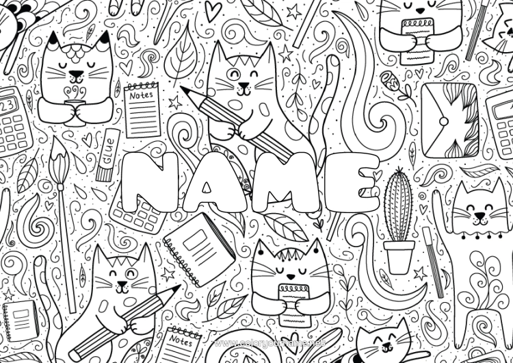 Coloring page to print Cat Envelope Complex coloring pages Dog and cat Pencil Back to School School supplies Calculator