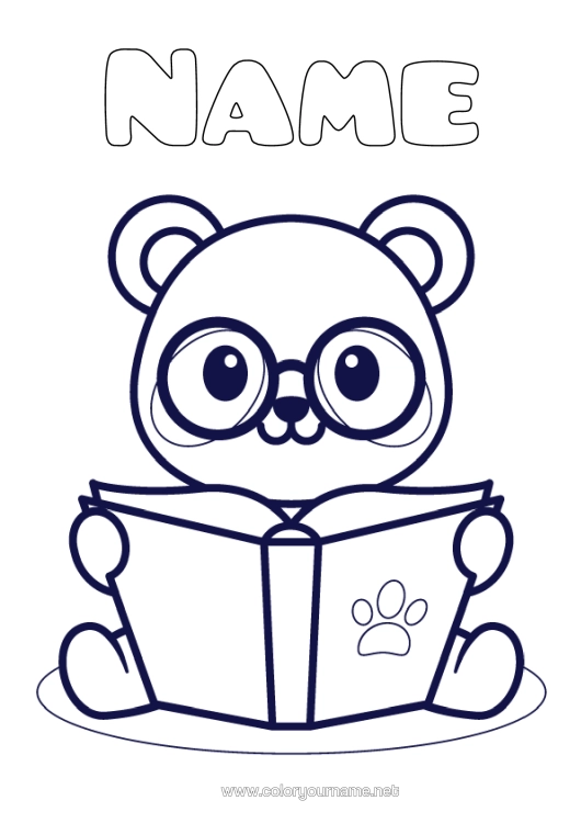 Colouring page to print Cute Animal Panda Easy Colouring Pages Book Other Animals Of The World Reading Glasses