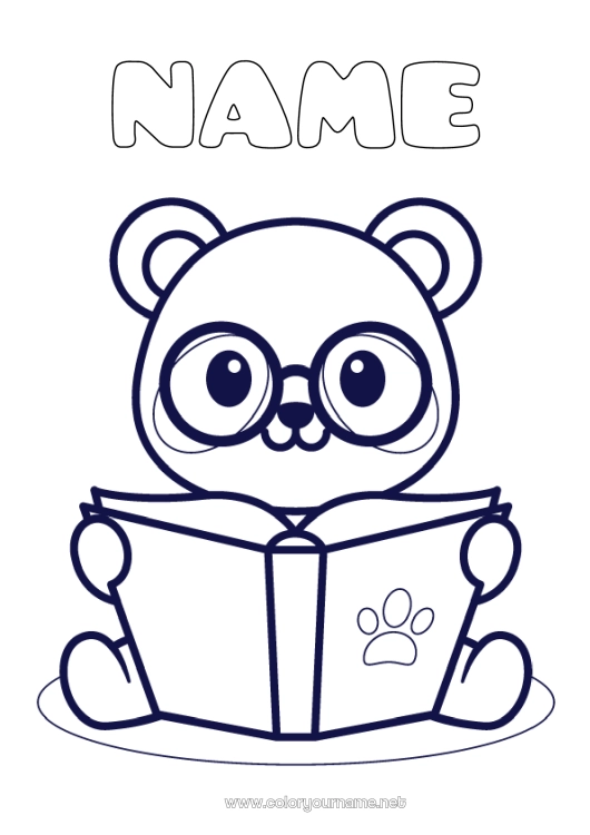 Coloring page to print Kawaii Panda Easy coloring pages Book Other animals of the world Reading Glasses