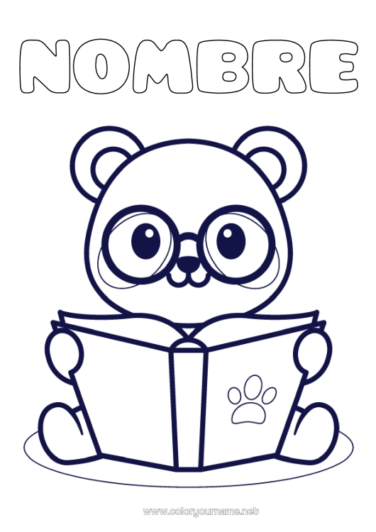 Dibujo para colorear para imprimir Kawaii Panda Dibujos fáciles para colorear Libro Otros animales del mundo Lectura Gafas