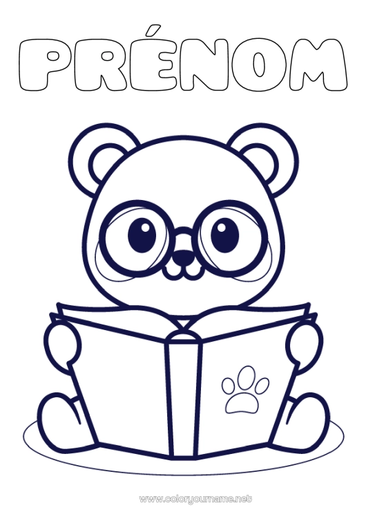 Coloriage à imprimer Kawaii Panda Coloriages faciles Livre Autres animaux du monde Lecture Lunettes