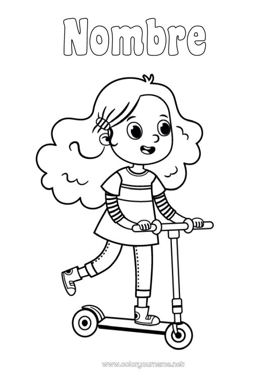 Dibujo para colorear para imprimir Chica Vehículos Patineta Vehículos de dos ruedas