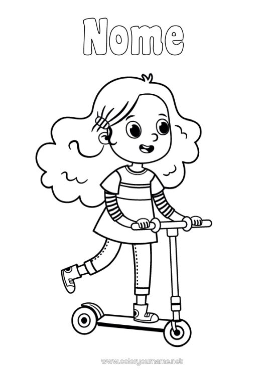 Página de desenho para imprimir Menina Veículos Patinete Veículos de duas rodas