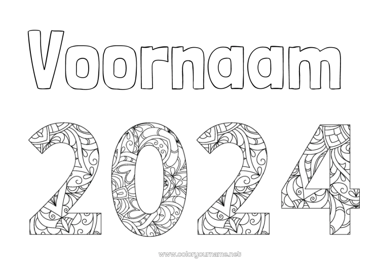 Kleurplaat om af te drukken Gelukkig Nieuwjaar Zentangle 2024