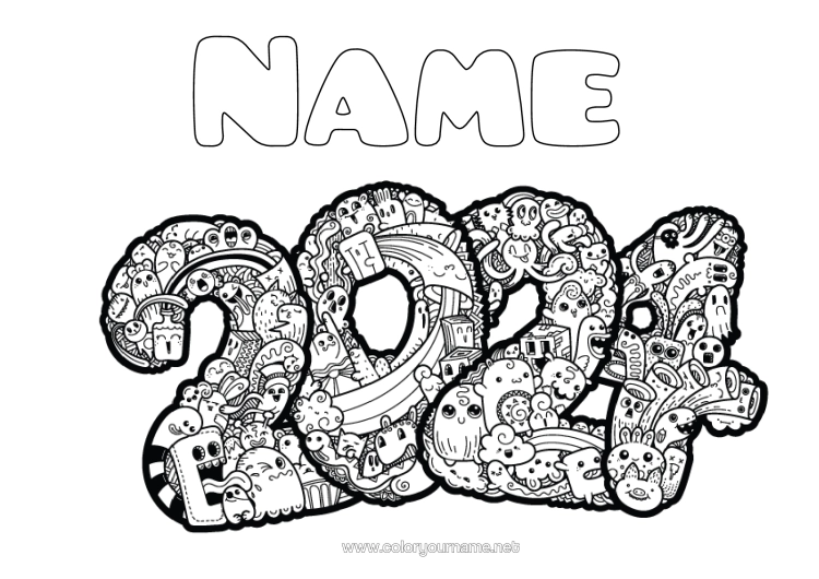 Colouring page to print Monster Happy New Year Complex Colouring Pages 2024